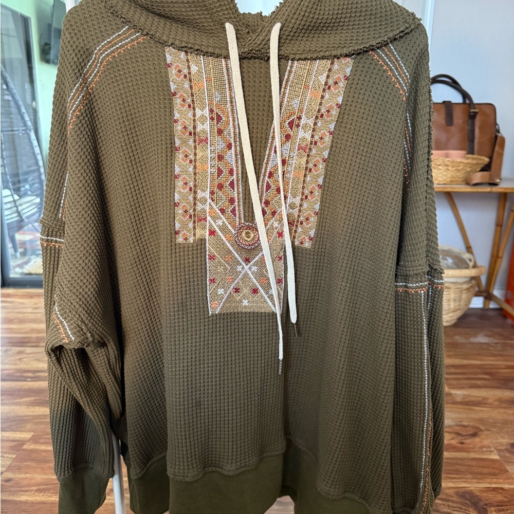 POL Olive Green Oversized Waffle Knit Hoodie with Embroidered Design